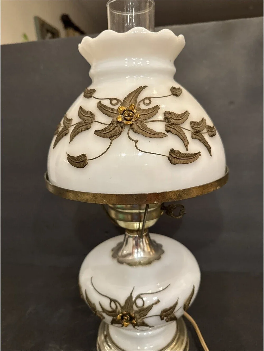 Vtg Falkenstein Milk Glass Hurricane Lamp Bronze Accent Gone With the Wind 15” H